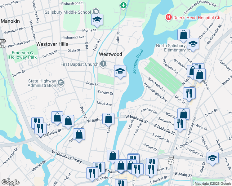 map of restaurants, bars, coffee shops, grocery stores, and more near 416 Rose Street in Salisbury