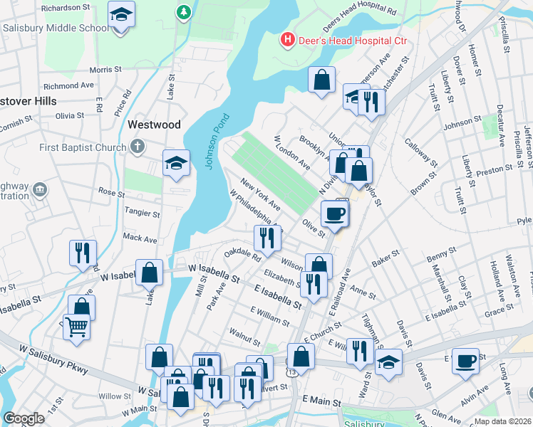 map of restaurants, bars, coffee shops, grocery stores, and more near 207 West Philadelphia Avenue in Salisbury