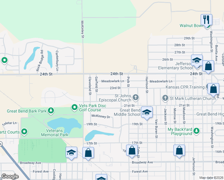 map of restaurants, bars, coffee shops, grocery stores, and more near 3627 23rd Street in Great Bend