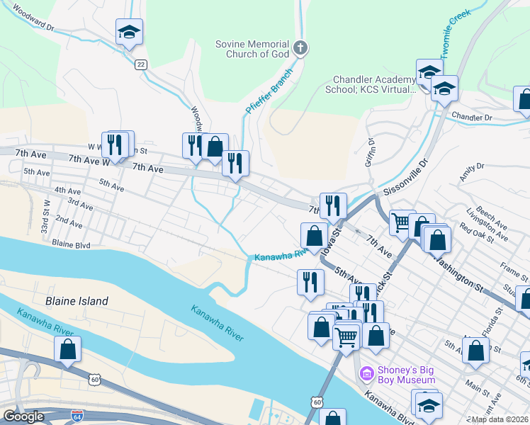 map of restaurants, bars, coffee shops, grocery stores, and more near 427 21st Street West in Charleston