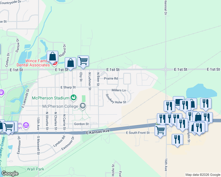 map of restaurants, bars, coffee shops, grocery stores, and more near 450 Millers Lane in McPherson