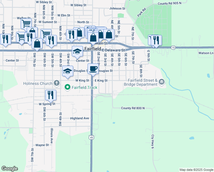 map of restaurants, bars, coffee shops, grocery stores, and more near 506 Southeast 3rd Street in Fairfield