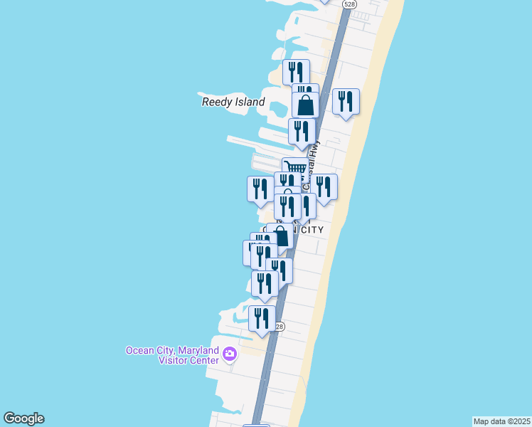 map of restaurants, bars, coffee shops, grocery stores, and more near 117 49th Street in Ocean City