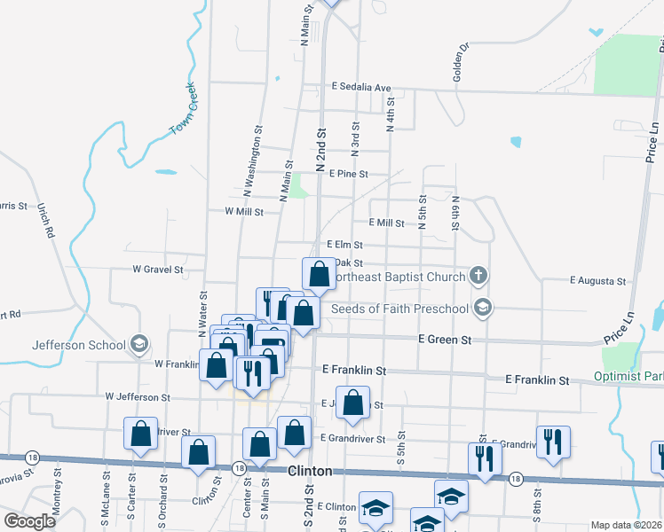 map of restaurants, bars, coffee shops, grocery stores, and more near 208 East Oak Street in Clinton