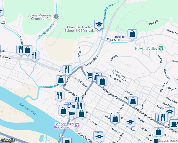 map of restaurants, bars, coffee shops, grocery stores, and more near 1710 Cliffview Avenue in Charleston