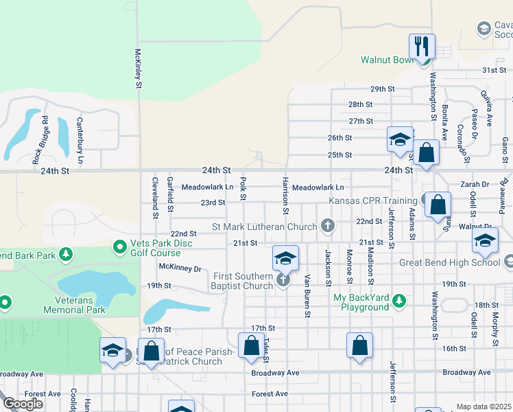 map of restaurants, bars, coffee shops, grocery stores, and more near 3409 23rd Street in Great Bend