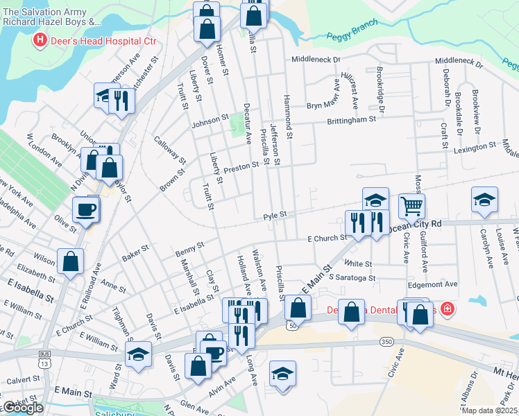 map of restaurants, bars, coffee shops, grocery stores, and more near 404 Priscilla Street in Salisbury