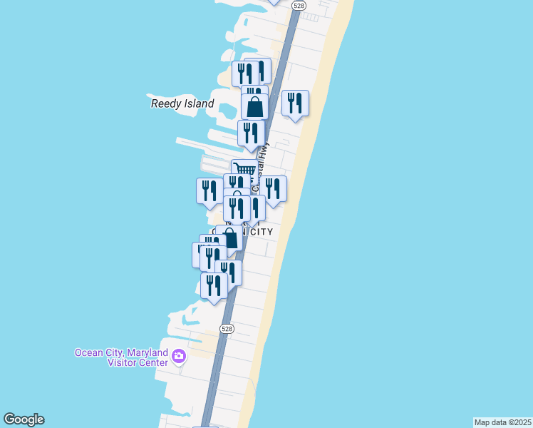 map of restaurants, bars, coffee shops, grocery stores, and more near 4906 Coastal Highway in Ocean City