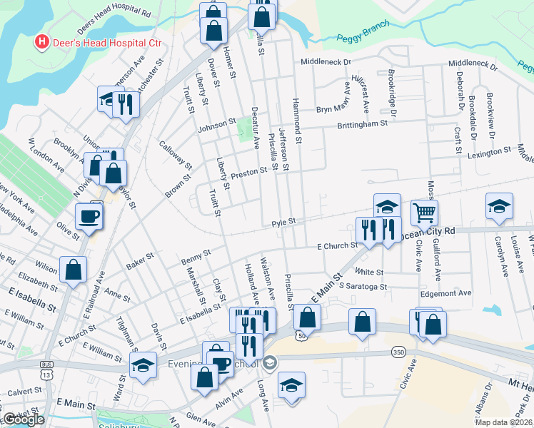 map of restaurants, bars, coffee shops, grocery stores, and more near 404 Priscilla Street in Salisbury