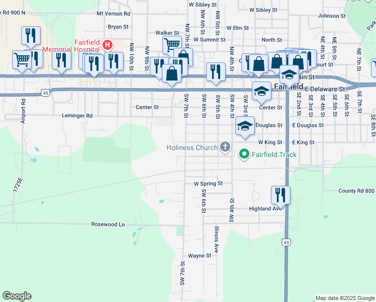 map of restaurants, bars, coffee shops, grocery stores, and more near 601-617 West College Street in Fairfield