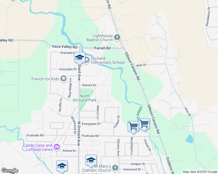 map of restaurants, bars, coffee shops, grocery stores, and more near 414 Dennis Drive in Vacaville