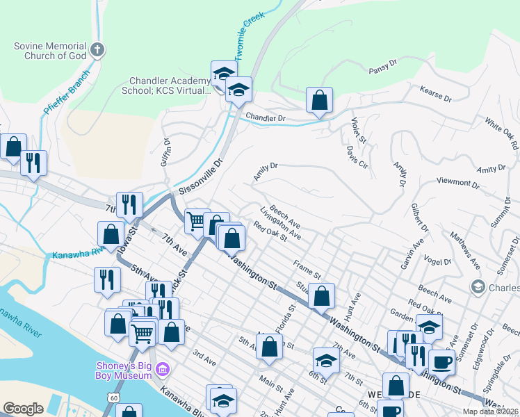 map of restaurants, bars, coffee shops, grocery stores, and more near 1529 Livingston Avenue in Charleston