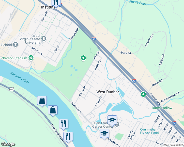 map of restaurants, bars, coffee shops, grocery stores, and more near 525 Carver Street in Dunbar