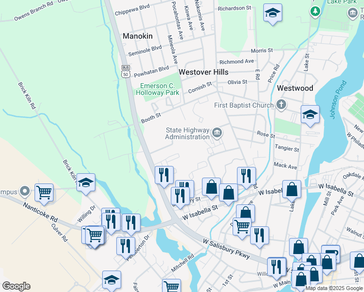 map of restaurants, bars, coffee shops, grocery stores, and more near 943 Gateway Street in Salisbury