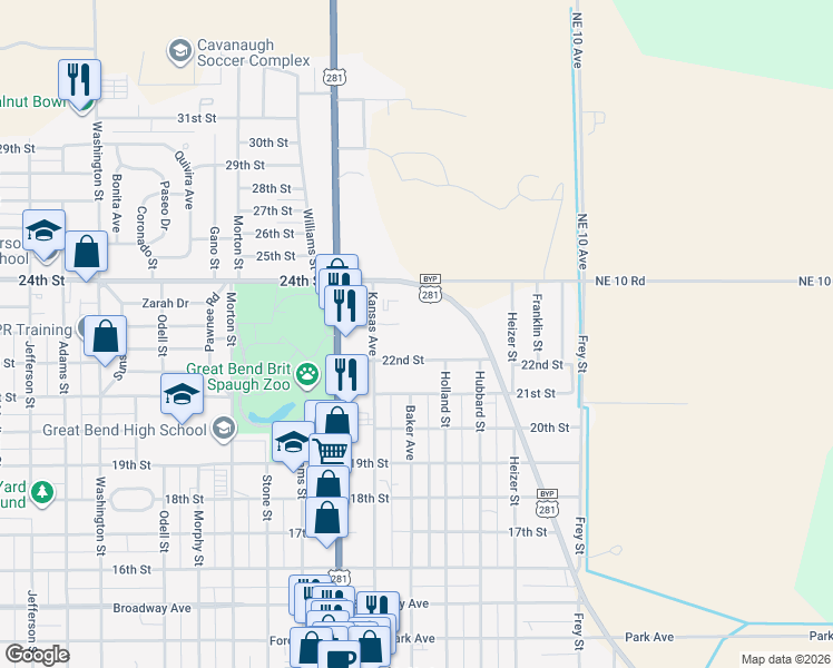map of restaurants, bars, coffee shops, grocery stores, and more near 1809 24th Street in Great Bend
