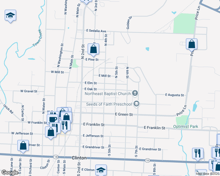 map of restaurants, bars, coffee shops, grocery stores, and more near 412 East Oak Street in Clinton
