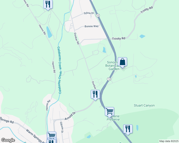 map of restaurants, bars, coffee shops, grocery stores, and more near 12575 Dunbar Road in Glen Ellen