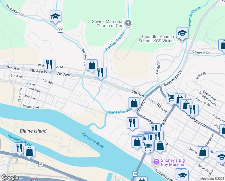 map of restaurants, bars, coffee shops, grocery stores, and more near 427 21st Street West in Charleston