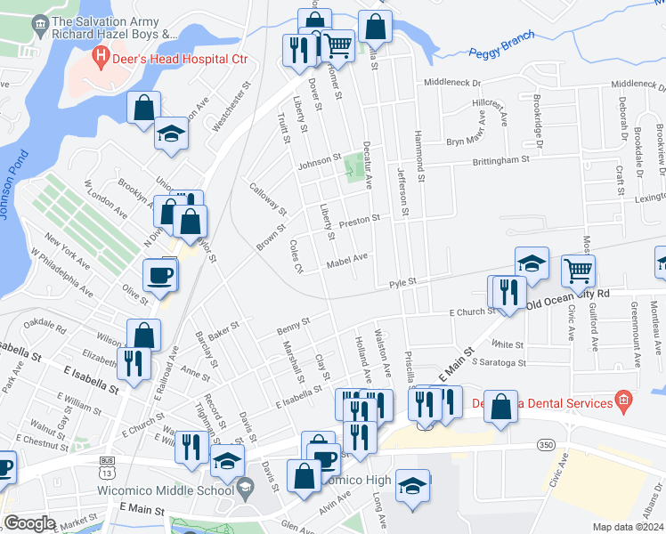 map of restaurants, bars, coffee shops, grocery stores, and more near 400 Liberty Street in Salisbury