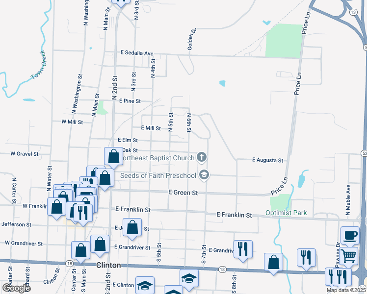 map of restaurants, bars, coffee shops, grocery stores, and more near 504 East Oak Street in Clinton