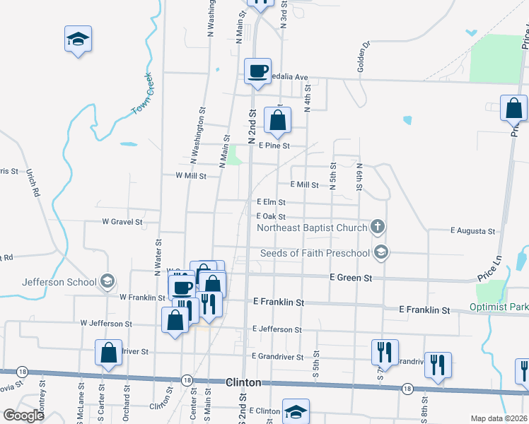 map of restaurants, bars, coffee shops, grocery stores, and more near 208-298 East Oak Street in Clinton