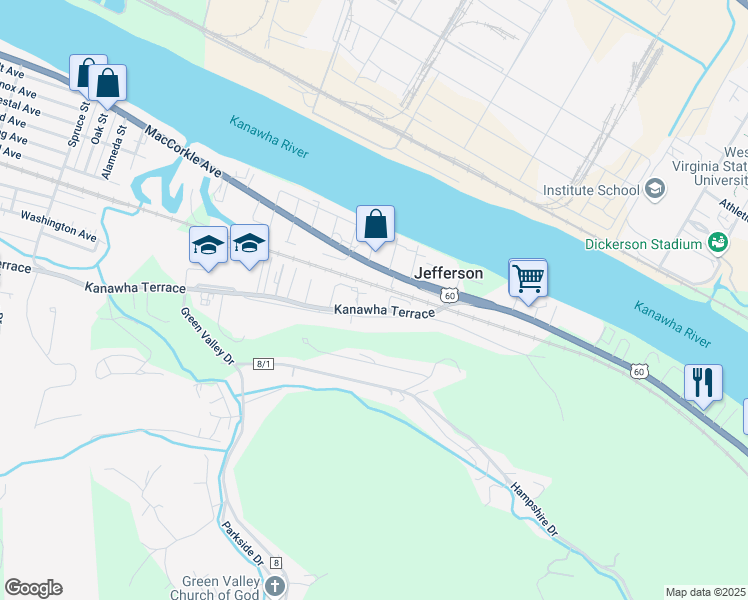 map of restaurants, bars, coffee shops, grocery stores, and more near 3239 Kanawha Terrace in Saint Albans