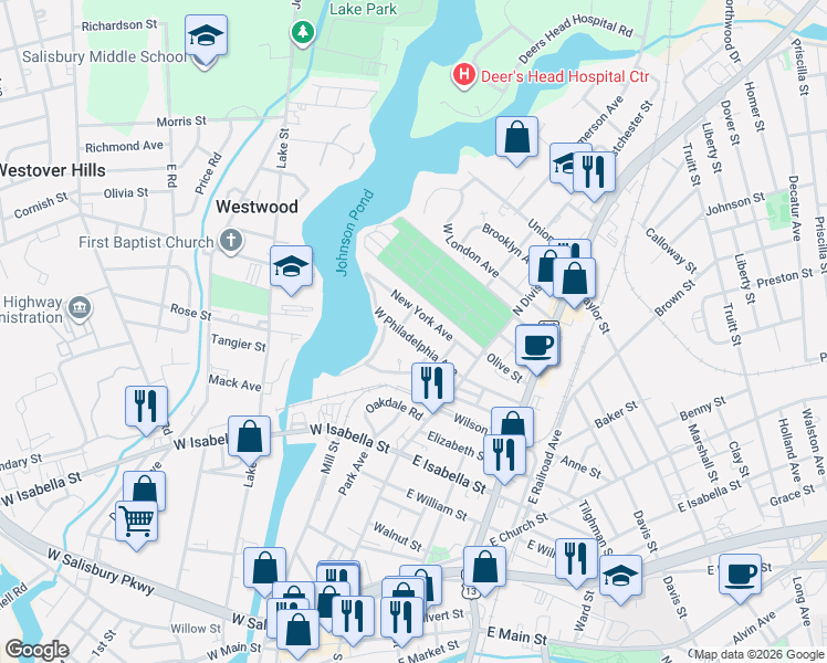 map of restaurants, bars, coffee shops, grocery stores, and more near 207 West Philadelphia Avenue in Salisbury