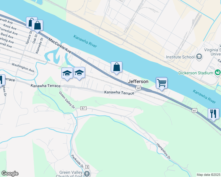 map of restaurants, bars, coffee shops, grocery stores, and more near 3223 Kanawha Terrace in Saint Albans