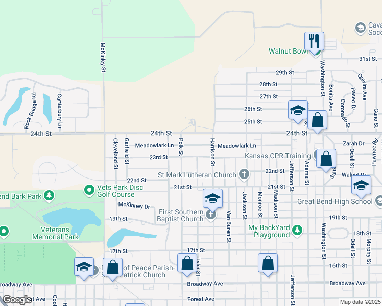 map of restaurants, bars, coffee shops, grocery stores, and more near 3409 23rd Street in Great Bend