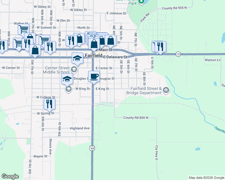 map of restaurants, bars, coffee shops, grocery stores, and more near 506 Southeast 3rd Street in Fairfield