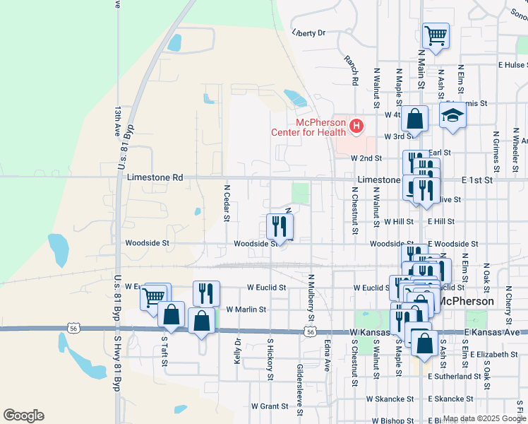 map of restaurants, bars, coffee shops, grocery stores, and more near 514 North Buckeye Street in McPherson