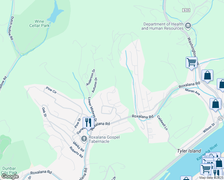 map of restaurants, bars, coffee shops, grocery stores, and more near 225 Walker Drive in Dunbar
