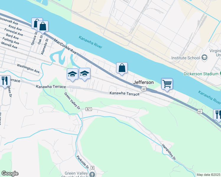map of restaurants, bars, coffee shops, grocery stores, and more near 3223 Kanawha Terrace in Saint Albans