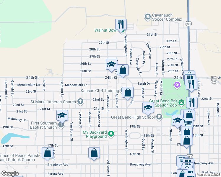 map of restaurants, bars, coffee shops, grocery stores, and more near 2700-2798 23rd Street in Great Bend