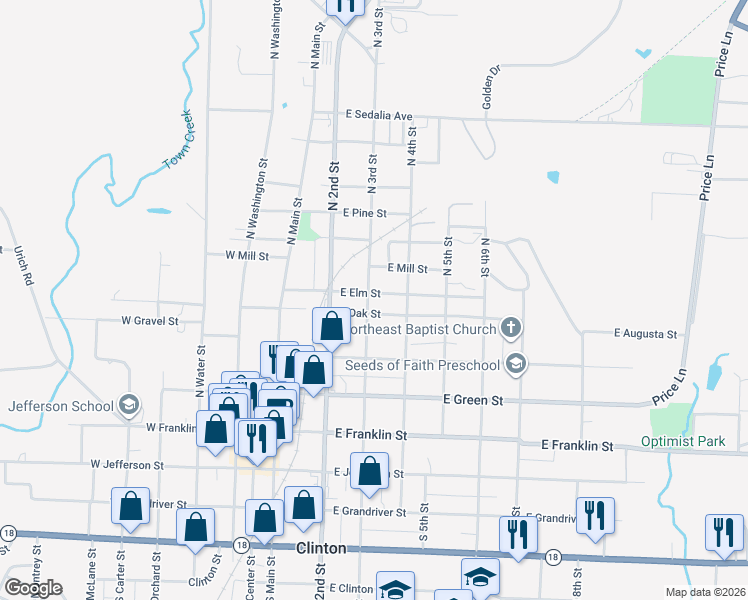 map of restaurants, bars, coffee shops, grocery stores, and more near 208-298 East Oak Street in Clinton