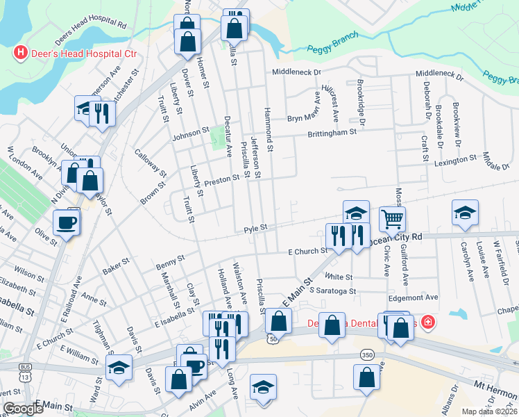 map of restaurants, bars, coffee shops, grocery stores, and more near 401 Jefferson Street in Salisbury