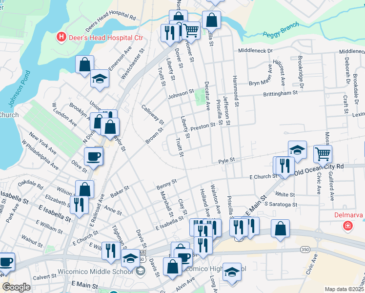 map of restaurants, bars, coffee shops, grocery stores, and more near 407 Truitt Street in Salisbury