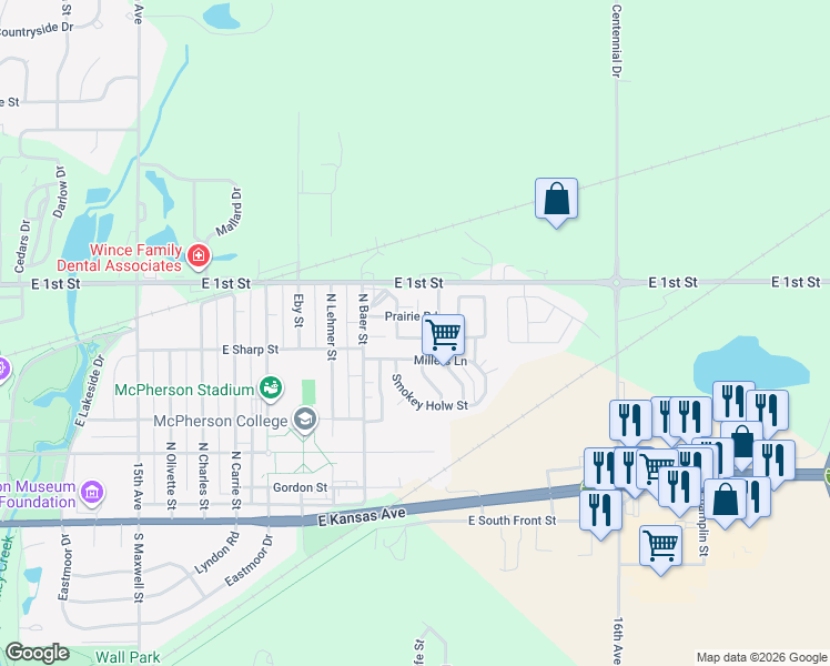 map of restaurants, bars, coffee shops, grocery stores, and more near 450 Millers Lane in McPherson