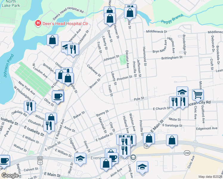 map of restaurants, bars, coffee shops, grocery stores, and more near 405 Truitt Street in Salisbury