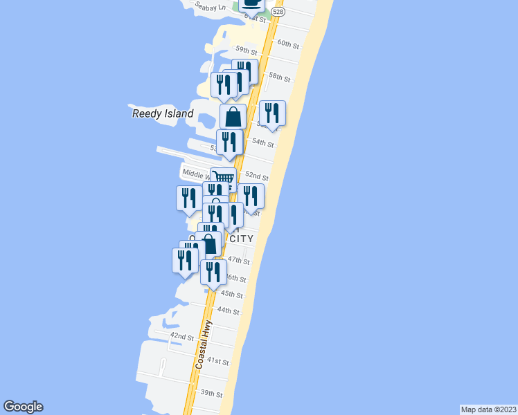 map of restaurants, bars, coffee shops, grocery stores, and more near 5103 Atlantic Avenue in Ocean City