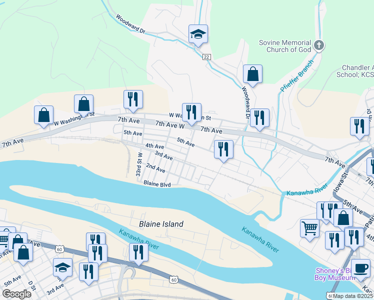 map of restaurants, bars, coffee shops, grocery stores, and more near 502 29th Street West in Charleston