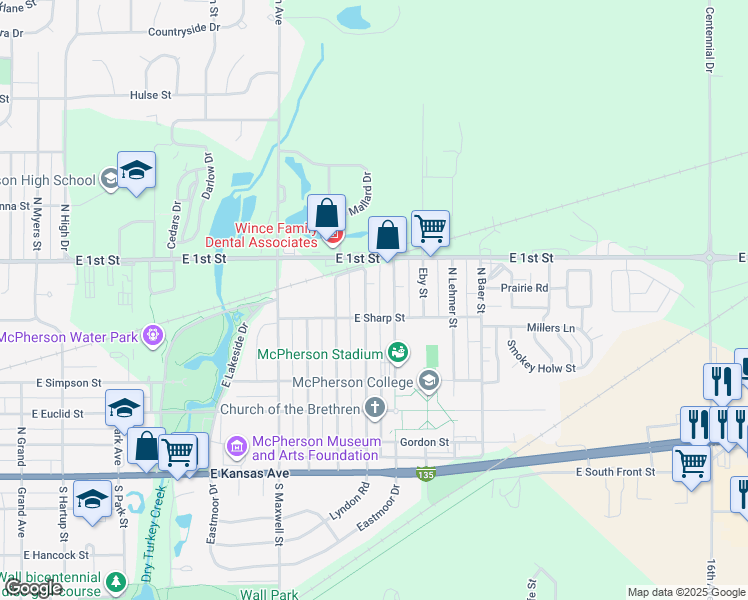 map of restaurants, bars, coffee shops, grocery stores, and more near 531 Eshelman Street in McPherson