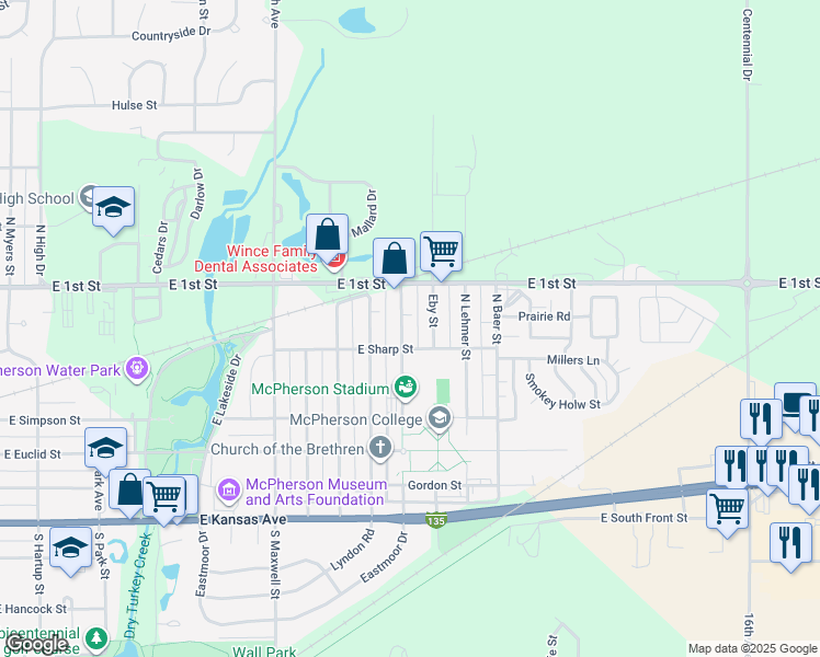 map of restaurants, bars, coffee shops, grocery stores, and more near 531 Eby Street in McPherson