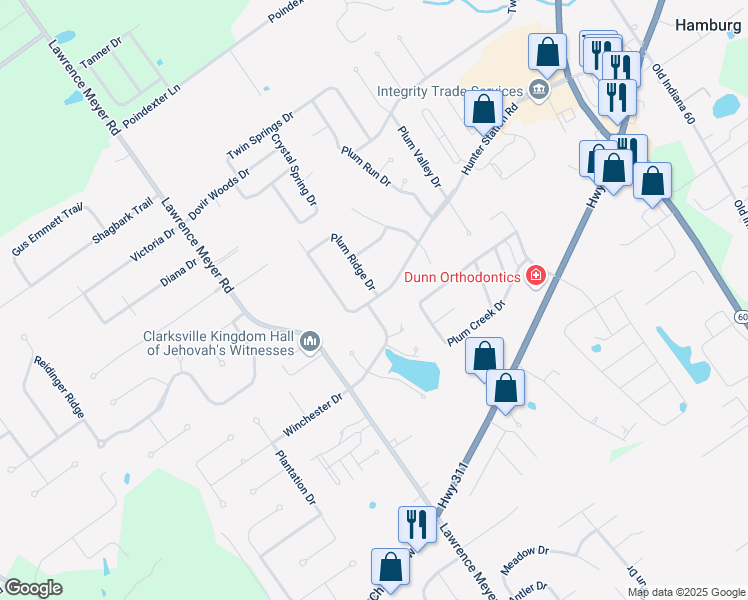 map of restaurants, bars, coffee shops, grocery stores, and more near 1003 Plum Ridge Drive in Sellersburg