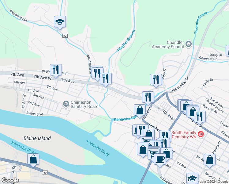 map of restaurants, bars, coffee shops, grocery stores, and more near 2308 7th Avenue in Charleston