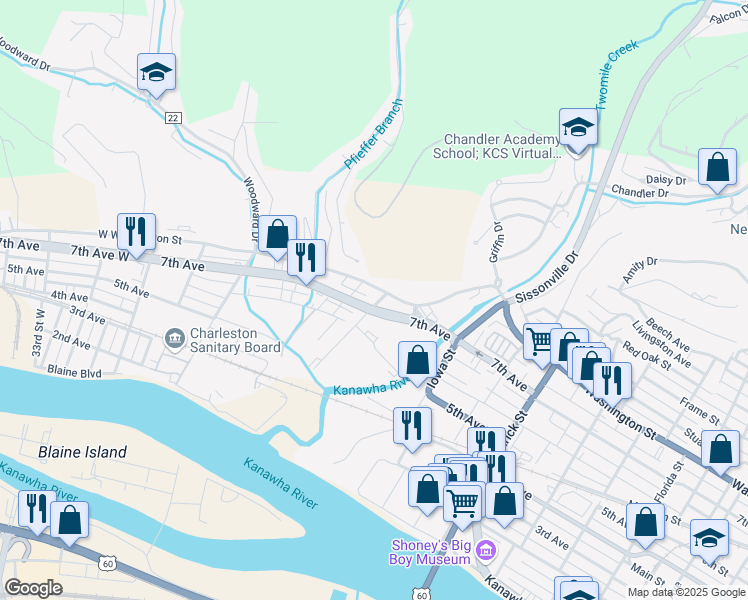 map of restaurants, bars, coffee shops, grocery stores, and more near 603 21st Street West in Charleston