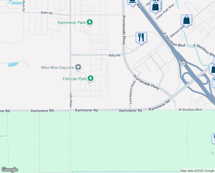 map of restaurants, bars, coffee shops, grocery stores, and more near 8843 Prelude Way in Elk Grove