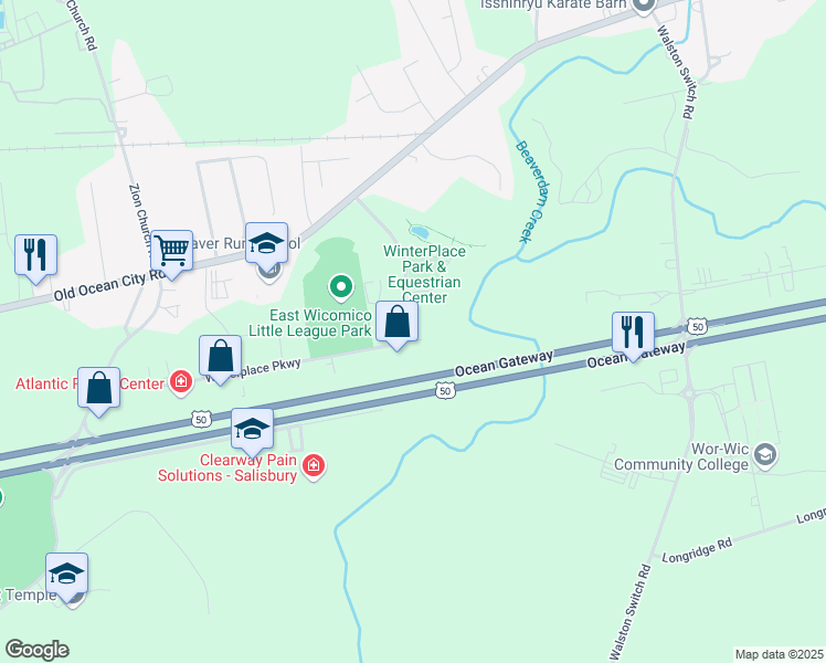 map of restaurants, bars, coffee shops, grocery stores, and more near 31690 Winterplace Parkway in Salisbury