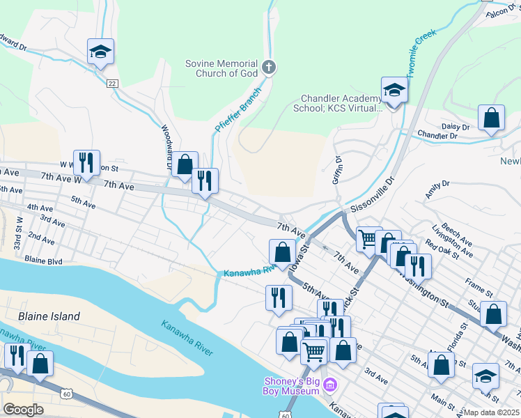 map of restaurants, bars, coffee shops, grocery stores, and more near 2102 West Washington Street in Charleston