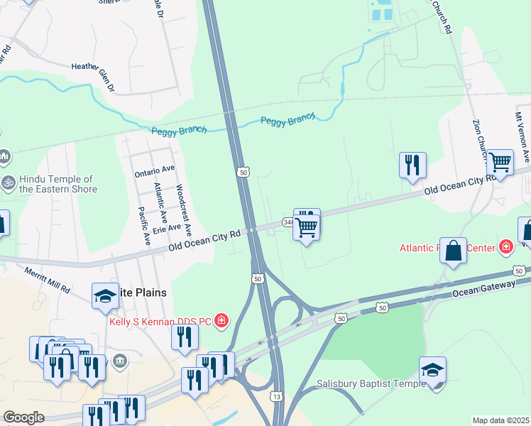 map of restaurants, bars, coffee shops, grocery stores, and more near 6683 Keyes Lane in Salisbury